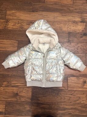 Lola + The Boys Iridescent Silver Puffer Jacket with Rainbow on Back